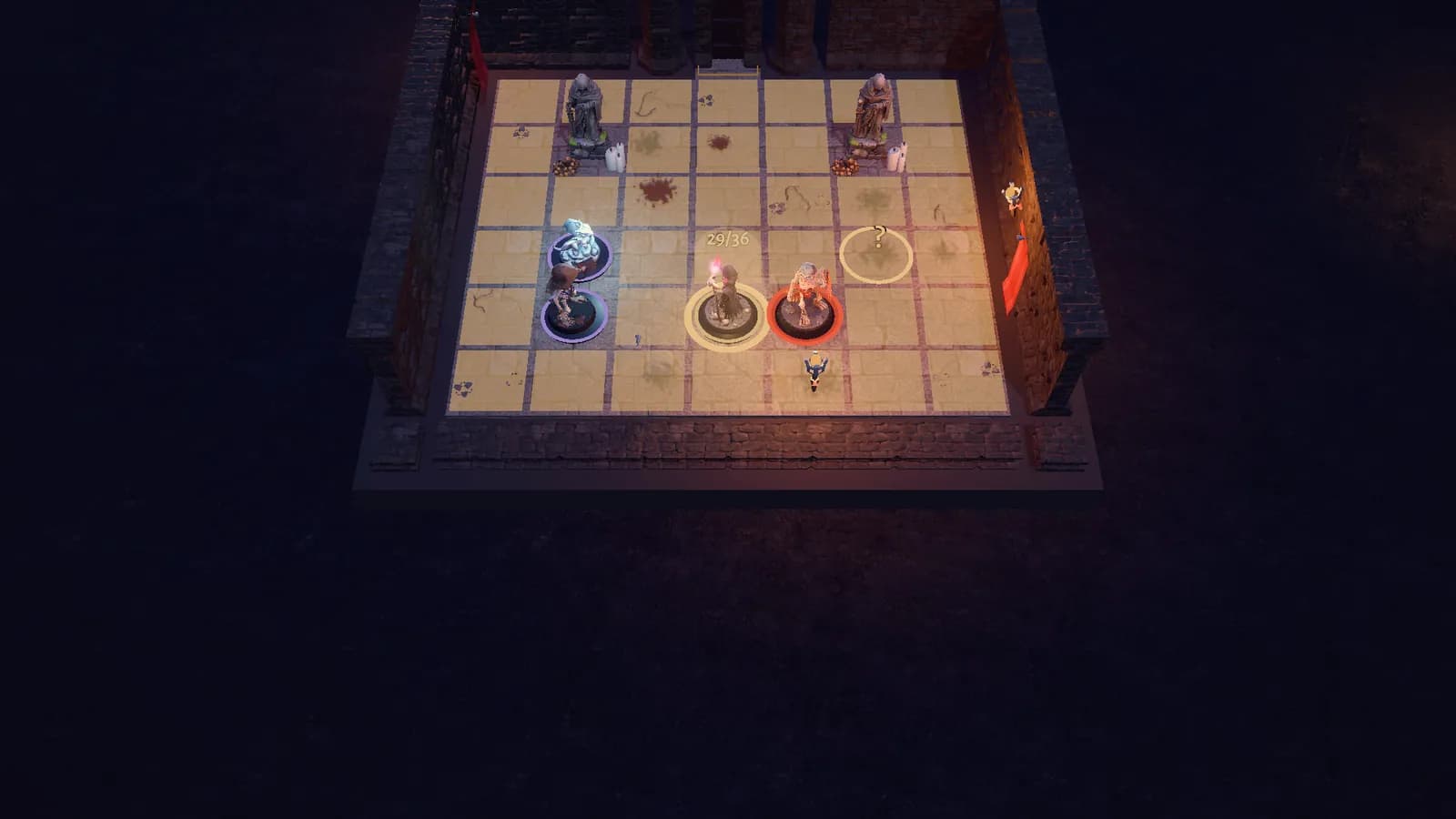 Painted miniatures fighting in the Crypt of the Forgotten Kings, seen from above